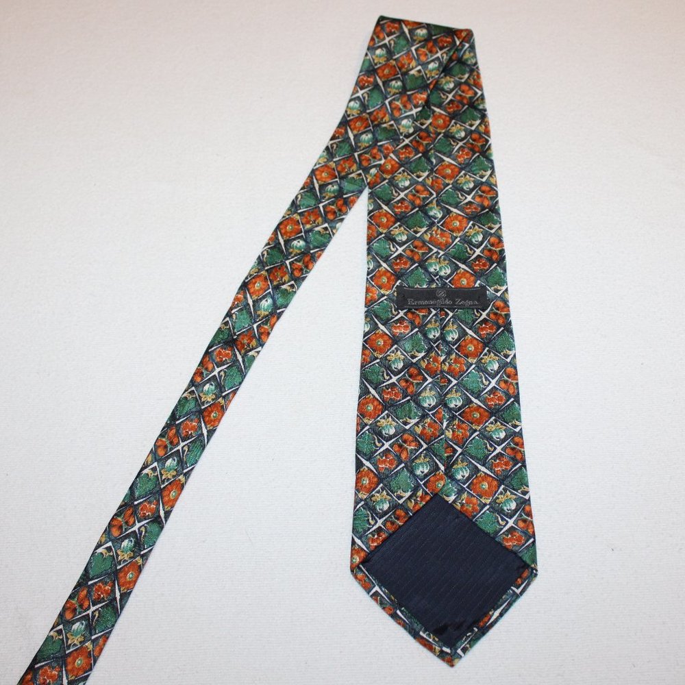 Ermenegildo Zegna 100% silk necktie green orange flower butterfly leaf Italy tie - Picture 4 of 8